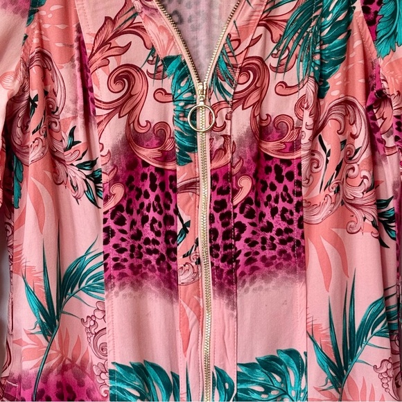 Guess|Y2K Pink & Teal Miami Tropical Print Long Sleeve Gold Zip Mini Dress Sz XS - Picture 3 of 7